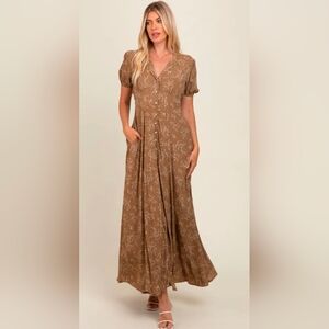 NWT In Bloom Brown Floral Button-Front Maxi Dress
